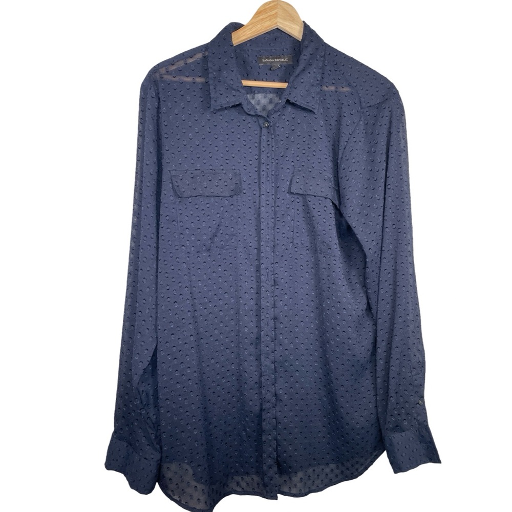 Banana Republic Women's Sheer Swiss Dot Button Down Top navy blue
